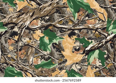 Real tree forest camouflage seamless pattern design pattern for hunting and military uniform. Hunting camouflage