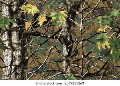 Real tree forest camouflage seamless pattern design for hunting and military uniform. Hunting camouflage background. Vector abstract camo design