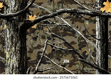 Real tree forest camouflage seamless pattern design pattern for hunting and military uniform. Hunting camouflage