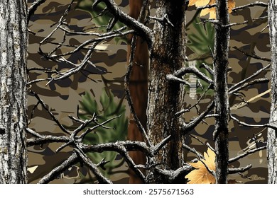 Real tree forest camouflage seamless pattern design pattern for hunting and military uniform. Hunting camouflage