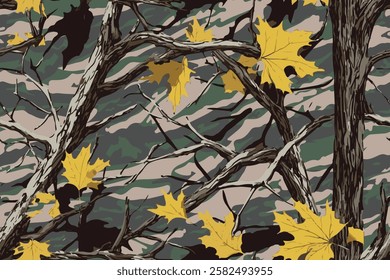 Real tree forest camouflage seamless pattern design pattern for hunting and military uniform. Hunting camouflage. Deer hunting texture. Forest background