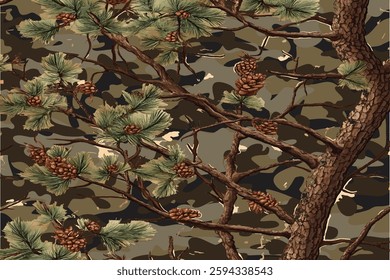 Real tree forest camouflage seamless pattern design pattern for hunting and military uniform. Hunting camouflage background. Vector camouflage texture