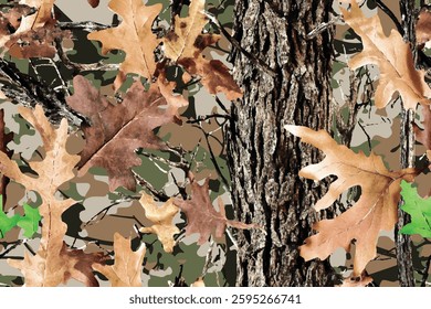 Real tree forest camouflage seamless pattern design pattern for hunting and military uniform. Hunting camouflage. Vector camouflage background. Forest texture