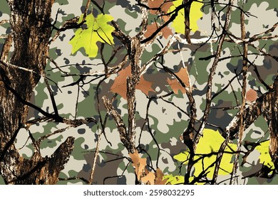 Real tree forest camouflage seamless pattern design pattern for hunting and military uniform. Hunting camouflage. Vector camouflage background
