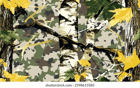 Real tree forest camouflage seamless pattern design pattern for hunting and military uniform. Hunting camouflage