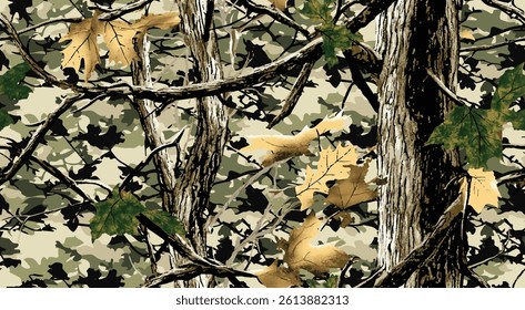 Real tree forest camouflage seamless pattern design pattern for hunting and military uniform. Hunting camouflage. Camo pattern