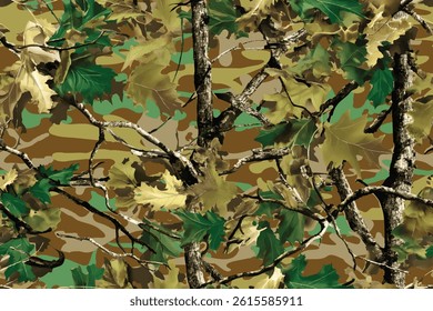 Real tree forest camouflage seamless pattern design pattern for hunting and military uniform. Hunting camouflage. Camo background
