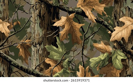 Real tree forest camouflage seamless pattern design pattern for hunting and military uniform. Hunting camouflage.