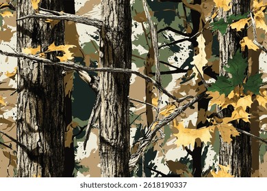 Real tree forest camouflage seamless pattern design pattern for hunting and military uniform. Hunting camouflage. Vector camouflage background