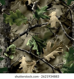 Real tree forest camouflage seamless pattern design pattern for hunting and military uniform. Hunting camouflage and hunting gear