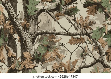 Real tree forest camouflage seamless pattern design pattern for hunting and military uniform. A camouflage pattern featuring oak leaves and branches, with earthy tones of brown and green.