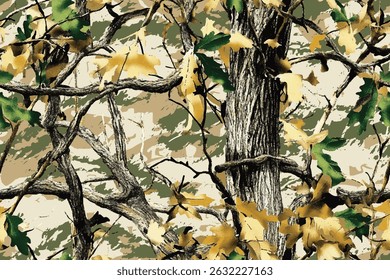 Real tree forest camouflage seamless pattern design for hunting and military uniform. Hunting camouflage. Vector camouflage background