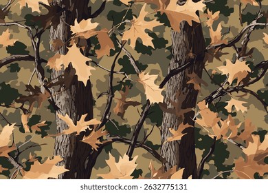 Real tree forest camouflage seamless pattern design for hunting and military uniform. Hunting camouflage. Camo pattern. Autumn leaves seamless pattern. Digital camo. Abstract