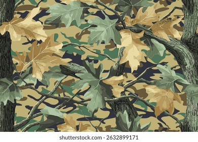 Real tree forest camouflage seamless pattern design pattern for hunting and military uniform. Hunting camouflage. Camo pattern