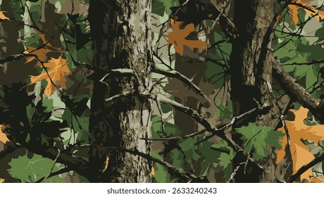 Real tree forest camouflage seamless pattern design pattern for hunting and military uniform. Hunting camouflage