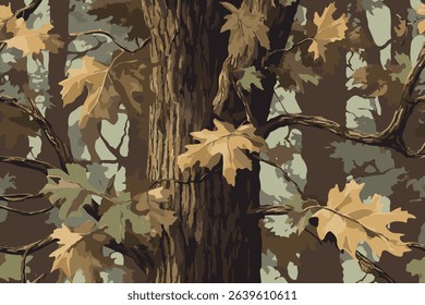 Real tree forest camouflage seamless pattern design for hunting and military uniform. Hunting camouflage. Camo pattern. Autumn leaves seamless pattern. Digital camo. Abstract