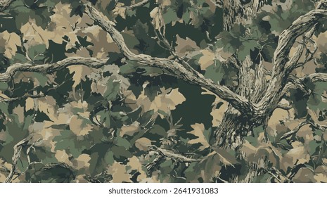 Real tree forest camouflage seamless pattern design pattern for hunting and military uniform. Hunting camouflage. green camouflage background. Abstract