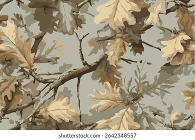 Real tree forest camouflage seamless pattern design pattern for hunting and military uniform. Hunting camouflage, A camouflage pattern with oak leaves and branches, vector illustration.
