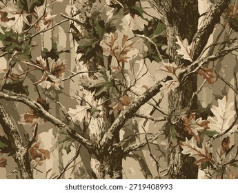 Echte Baumwoll-Camouflage nahtloses Muster Design Muster für die Jagd und militärische Uniform. Ein Tarnmuster mit Eichenblättern und Zweigen, mit erdigen Tönen von Braun und Grün.