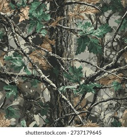 Real tree forest camouflage seamless pattern design pattern for hunting and military uniform. Hunting camouflage