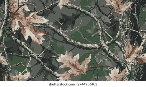 Real tree forest camouflage seamless pattern design pattern for hunting and military uniform. Hunting camouflage. Vector camouflage background. Digital camouflage.