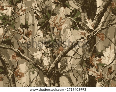 Real tree forest camouflage seamless pattern design pattern for hunting and military uniform. A camouflage pattern featuring oak leaves and branches, with earthy tones of brown and green.