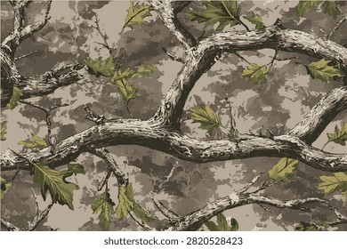 Real tree forest hunting camouflage seamless pattern design with barks and leaves. Camouflage repeat pattern