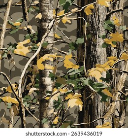 Real tree hunting camouflage pattern. Seamless pattern. Digital camouflage. Forest background. Jungle texture. Camouflage background. Hunting camo