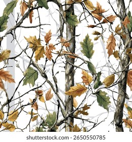 Real tree mossy leaf hunting camouflage modern pattern, vector military print. real tree forest camouflage seamless pattern. Forest leaves vector camouflage background