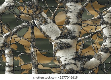 Real Trek-style wallpaper, camouflage background with birch tree branches, close-up, realistic, high resolution, high detail, in the style 