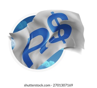 Real, bandera del Vector 3d contra un cielo azul, a través de un agujero redondo en un fondo blanco