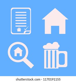 real vector icons set. with search house, beer glass, house buying contract and home in set