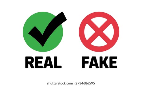 Concepto de comparación real versus falso con marca de verificación verde y símbolos de cruz roja aislados sobre fondo blanco para verificación de autenticidad y detección de verdad