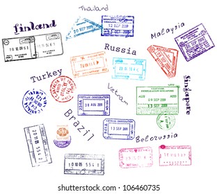 Real visa stamps from 9 countries. Vector illustration EPS8