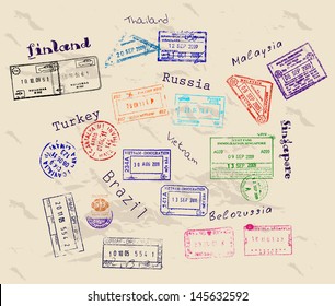 Real visa stamps from 9 countries. Vector illustration EPS8