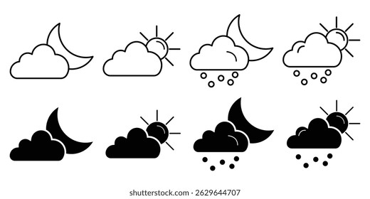 Real weather icon set with cloudy moon sunny forecast climate symbol condition night day snow vector illustration for meteorology graphics.