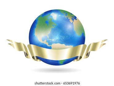 real world earth planet with golden ribbon