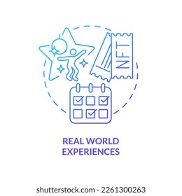 Die wahre Welt erlebt das Symbol des blauen Farbverlaufs. Gewinne aus Investitionen. Trend in NFT Raum abstrakte Idee dünne Linie Illustration. Einzeln Umrisszeichnung. Myriad Pro-Fett-Schriftart verwendet