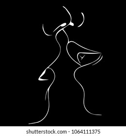 Realationship between man and woman, lips and kiss, black siluets, vector illustration on black background