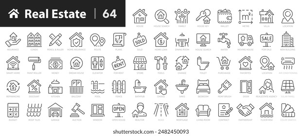 Iconos de esquema de bienes raíces colección. inversión, propiedad, bienes raíces, alquileres, rendimiento, ingresos, conjunto de Ilustración vectorial de capital. devolución, arrendamiento, hipotecas