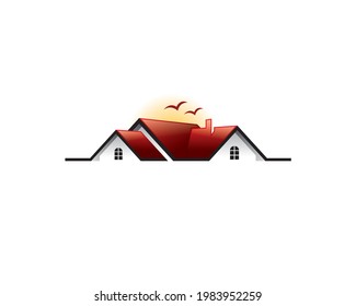 realestate property of red roof house with birds and streamline