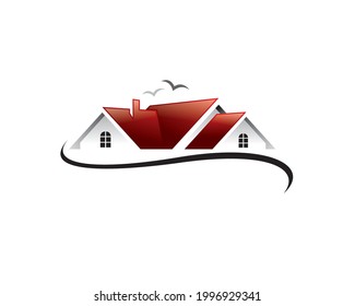 realestate property of red roof house with birds and streamline