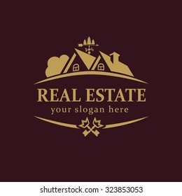 Real-estate vector logo. House for sale or build sign template. Agency, lease, sell, buy, invest or landscaping business identity. Country house luxurious abstract vintage symbol gold colored.