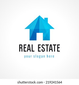 Real-estate vector stained-glass logo. House for sale. Property agency, building, insurance, buying, investment, constructing, repair, cleaning, cottages business. Architectural sign, crumpled paper.