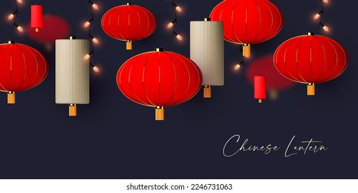 Realistische 3D-Chiese-Laternen mit hellen Garnelen. Asiatische Feriendekoration.