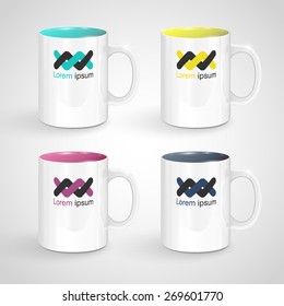 Realisctic colorful white mugs, vector