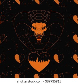 realisitc cobra comes from the flamming heart on the grunge background. seamless pattern. line art.