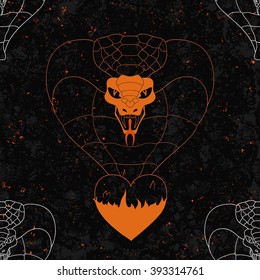 realisitc cobra comes from the flamming heart on the grunge background. seamless pattern. line art.