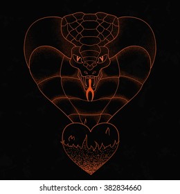 realisitc cobra from the flame heart on the grunge background. symbolic painted vector illustration. line art. 