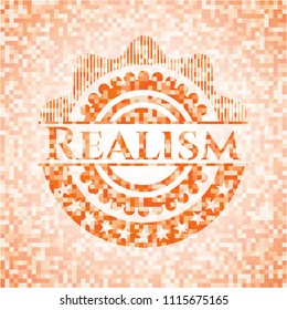 Realism abstract emblem, orange mosaic background